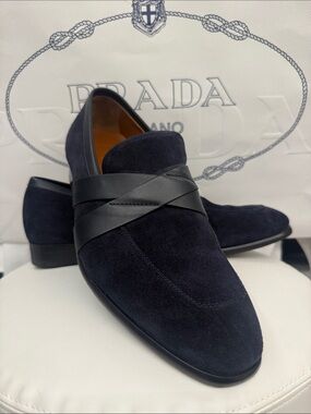 Ermenegildo Zegna Navy Suede Loafers with Black Leather Strap